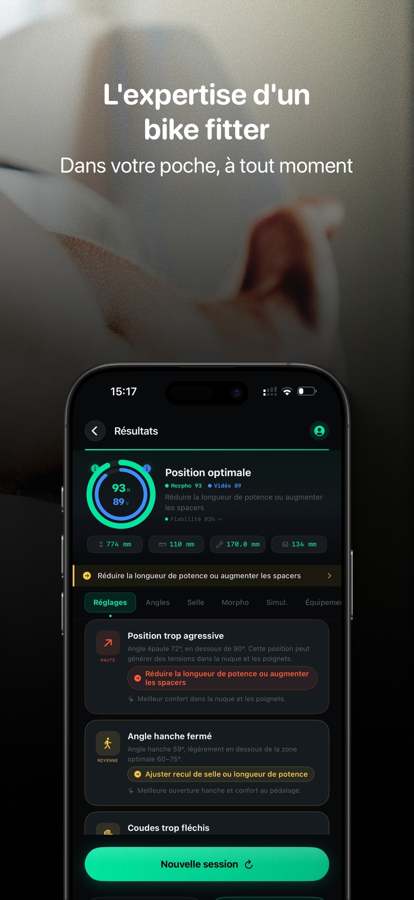 FramIQ - resultats bike fitting avec recommandations