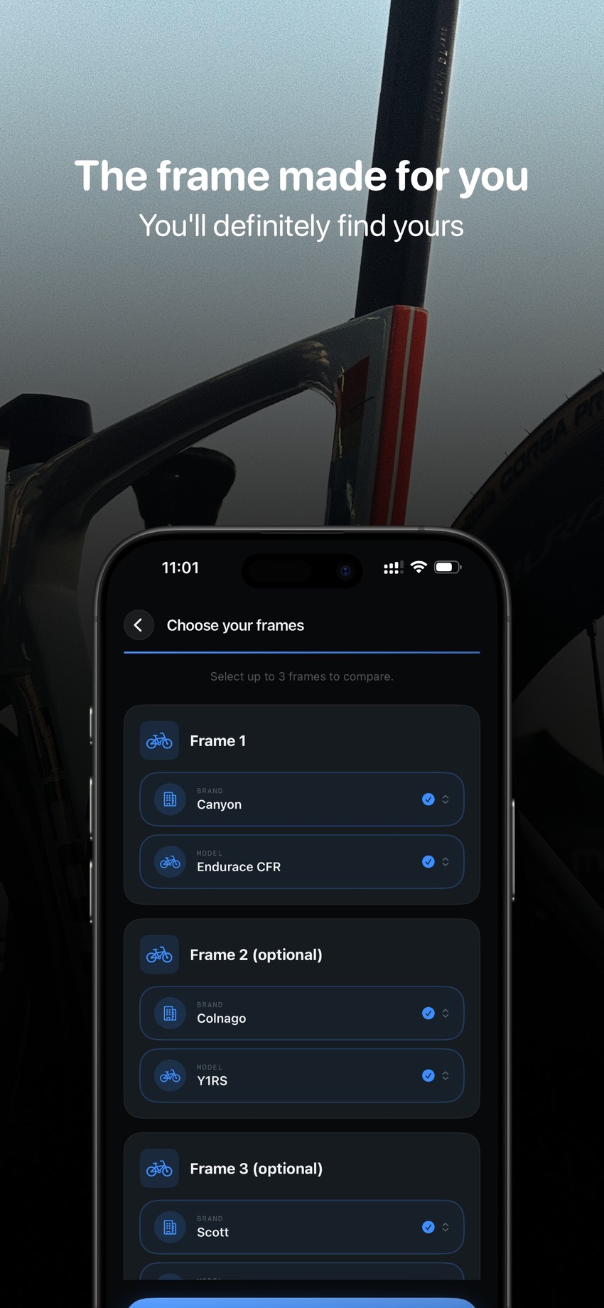 FramIQ - frame comparison 10000 geometries bike fitting app